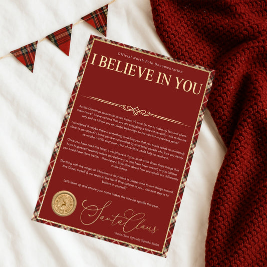 Document with 'I Believe In You' text on a red background, surrounded by festive elements.