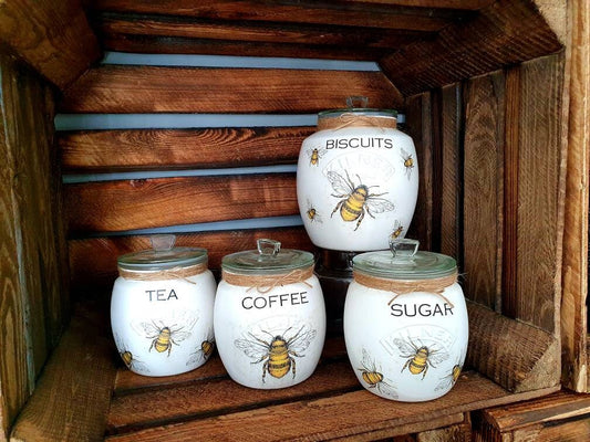 Bee Tea, coffee and sugar canisters | kilner jars | Tea | Coffee | Sugar | Storage Jars | kitchen set