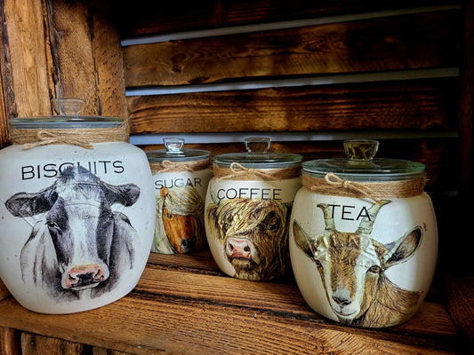 Tea, coffee and sugar canisters | kilner jars | Tea | Coffee | Sugar | Storage Jars | kitchen set / Farm Animals