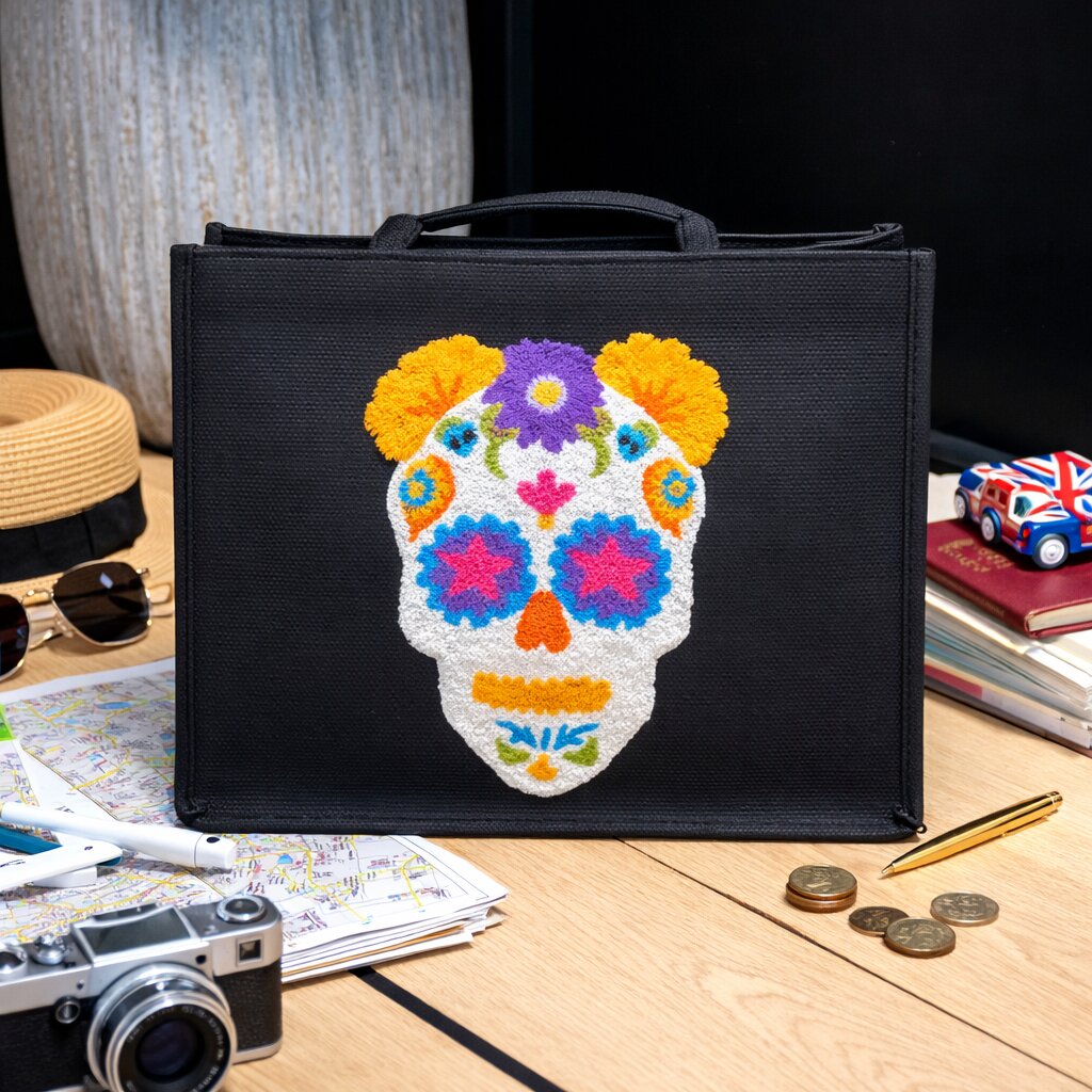 Jute Skull Punch Needle Shoulder Bag