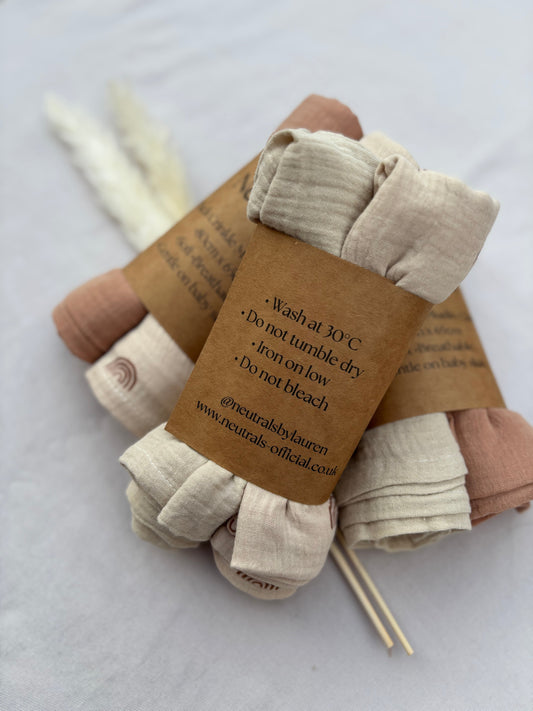 2-Pack Neutral Baby Muslin Cloths – Choose Your Colour Combo (Terracotta, Beige, Rainbow)