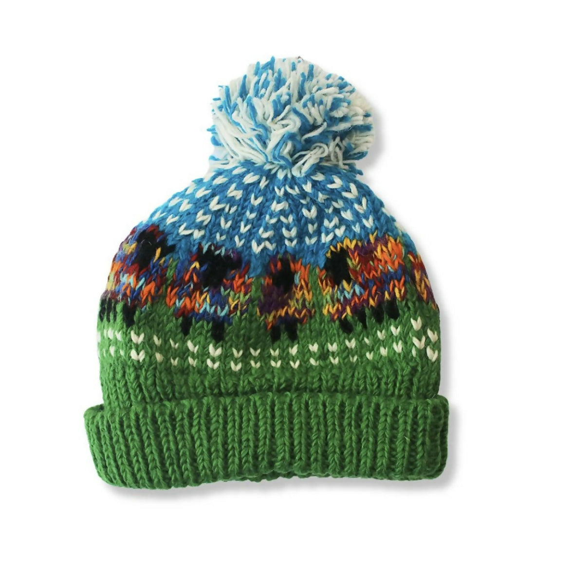 Unisex chunky knitted sheep bobble hat - rainbow