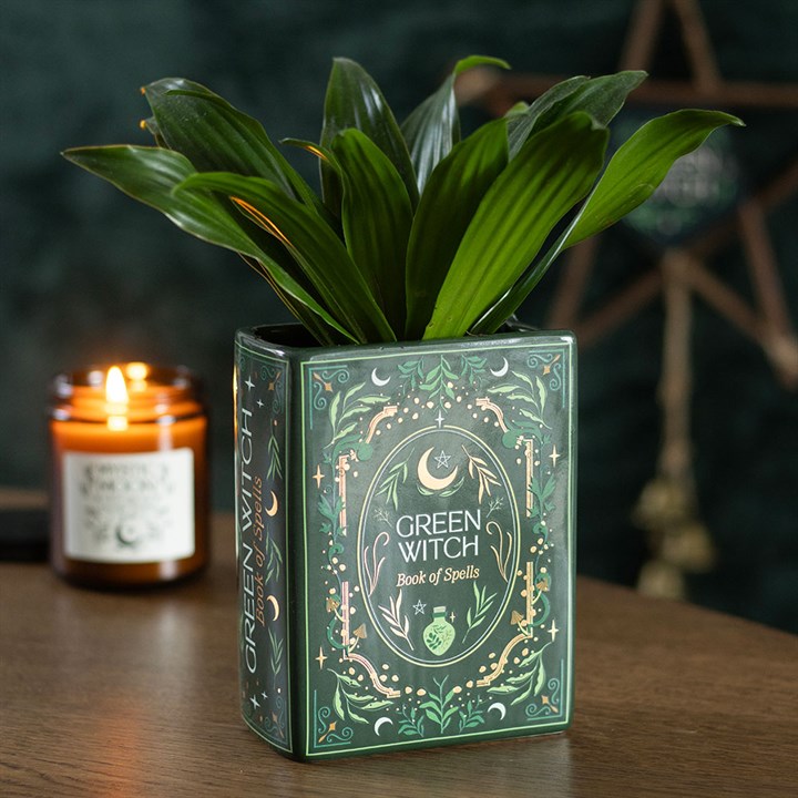 Book Vase: Green Witch Book Shaped Ceramic Vase – Grimoire Flower Vase for Gothic & Mystical Home Decor