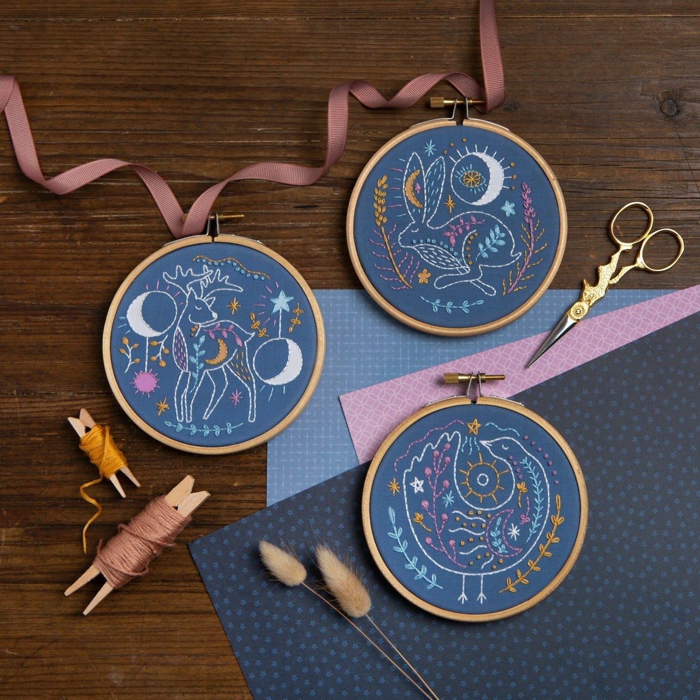 'Celestial Wolf' Moon and Stars Mini Embroidery Kit for Beginners