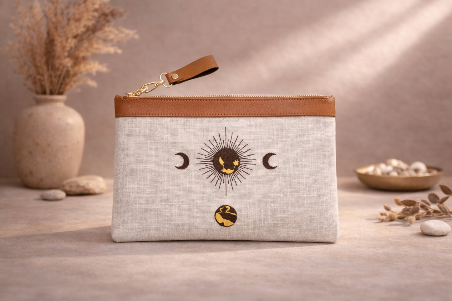 Celestial Sun & Moon Punch Needle Flat Clutch White
