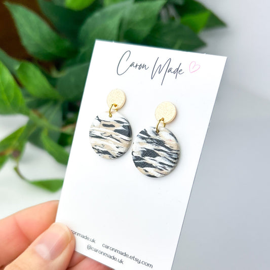 Black white and beige marbled small earrings