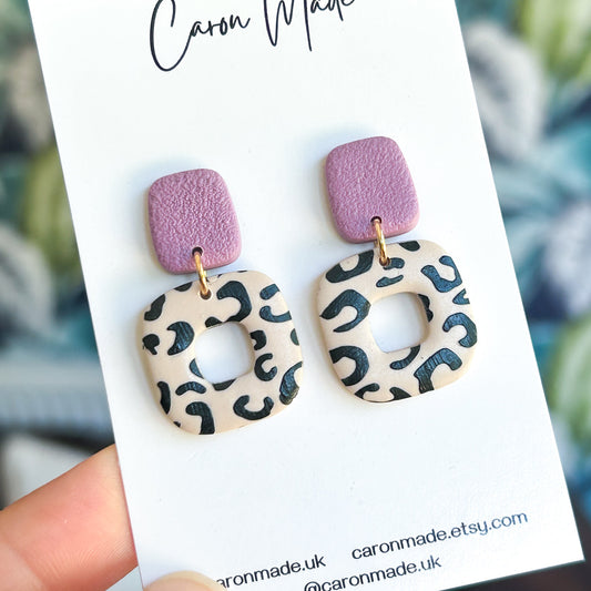 Animal print rounded square earrings mauve stud top