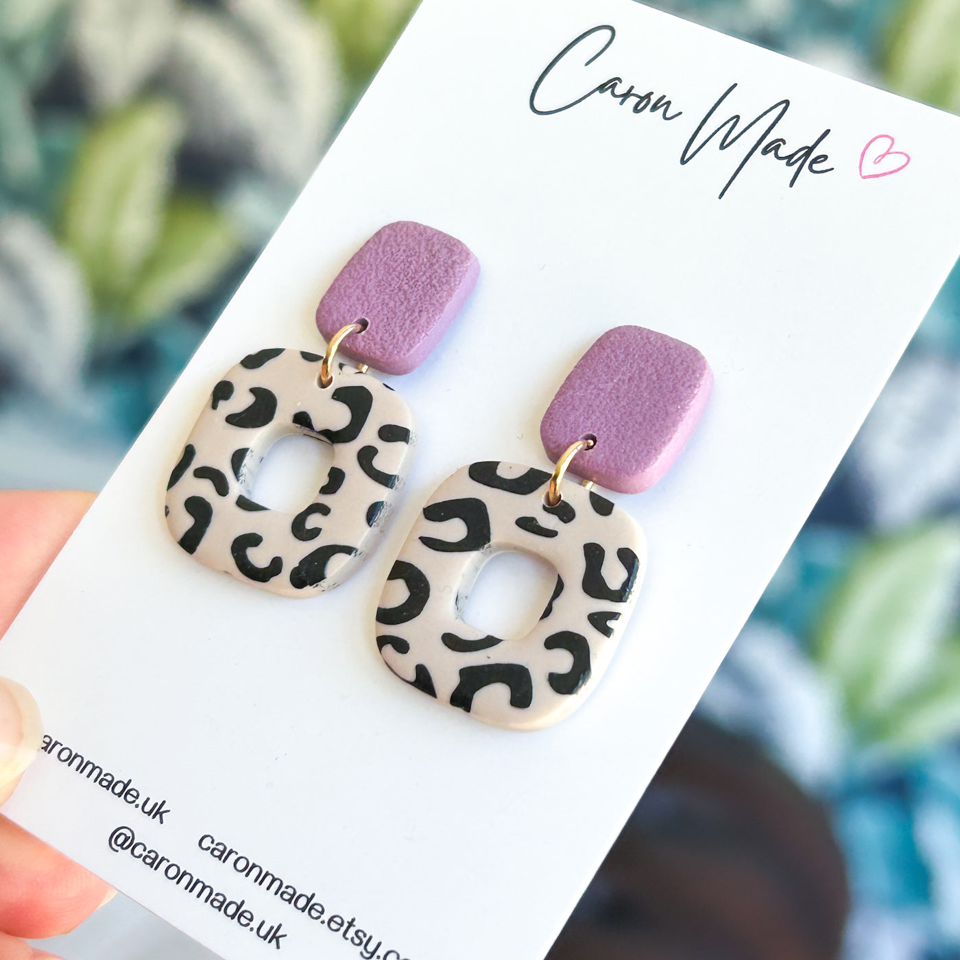 Animal print rounded square earrings mauve stud top