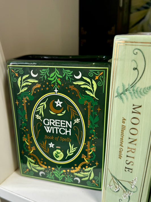 Book Vase: Green Witch Book Shaped Ceramic Vase – Grimoire Flower Vase for Gothic & Mystical Home Decor