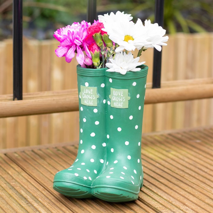 Welly Boot Planter - Dark Green Polka Dot – Resin Garden Plant Pot