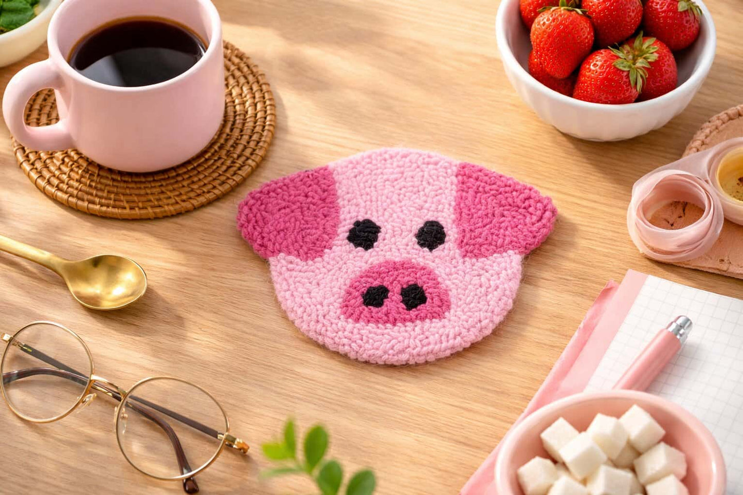 Pig Face Punch Needle Coaster Set of 4