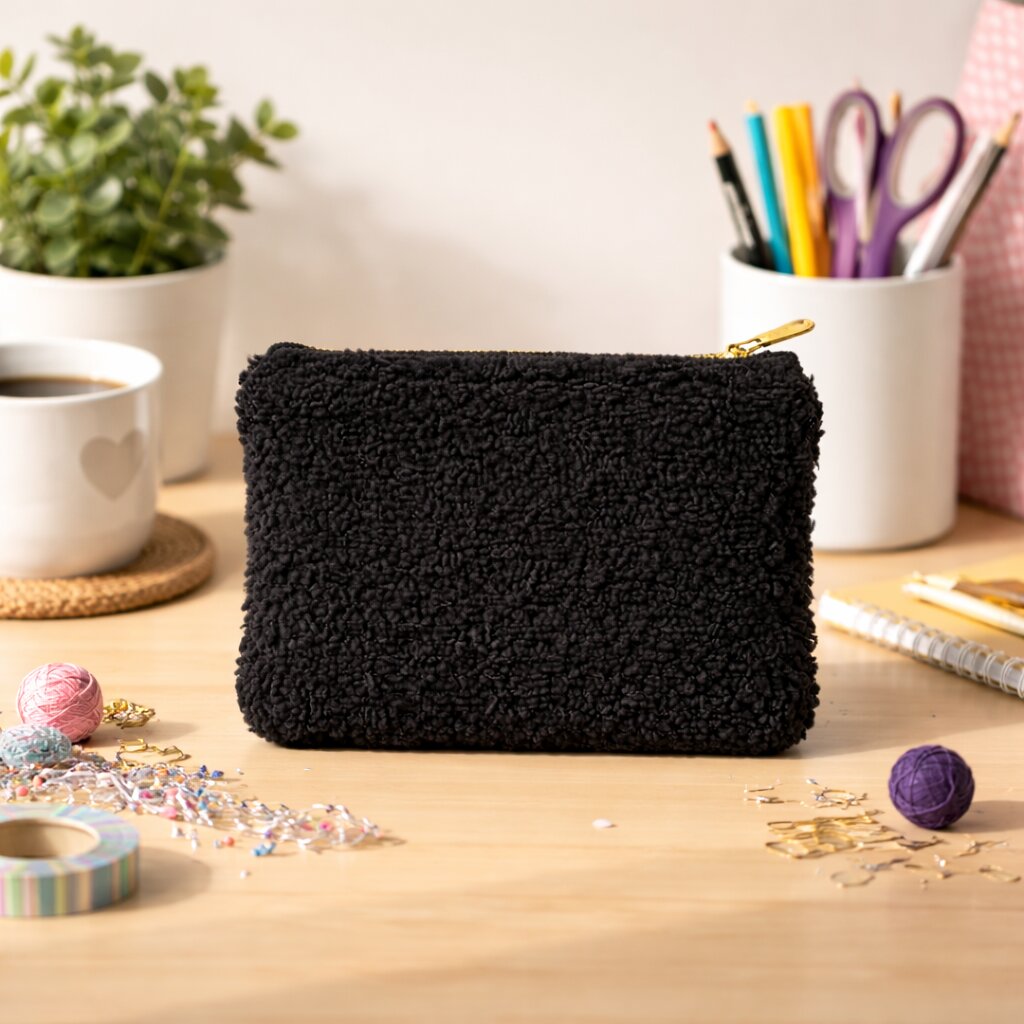 Handmade Teddy Pouch – Plush Makeup & Travel Bag Black