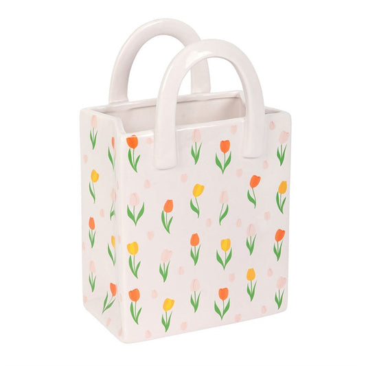 Tulip Print Ceramic Bag-Shaped Vase – Cute Spring Flower Bag Vase
