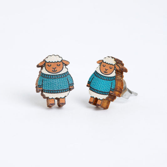 Woolly Sheep Wooden Earrings - Knitting Gift