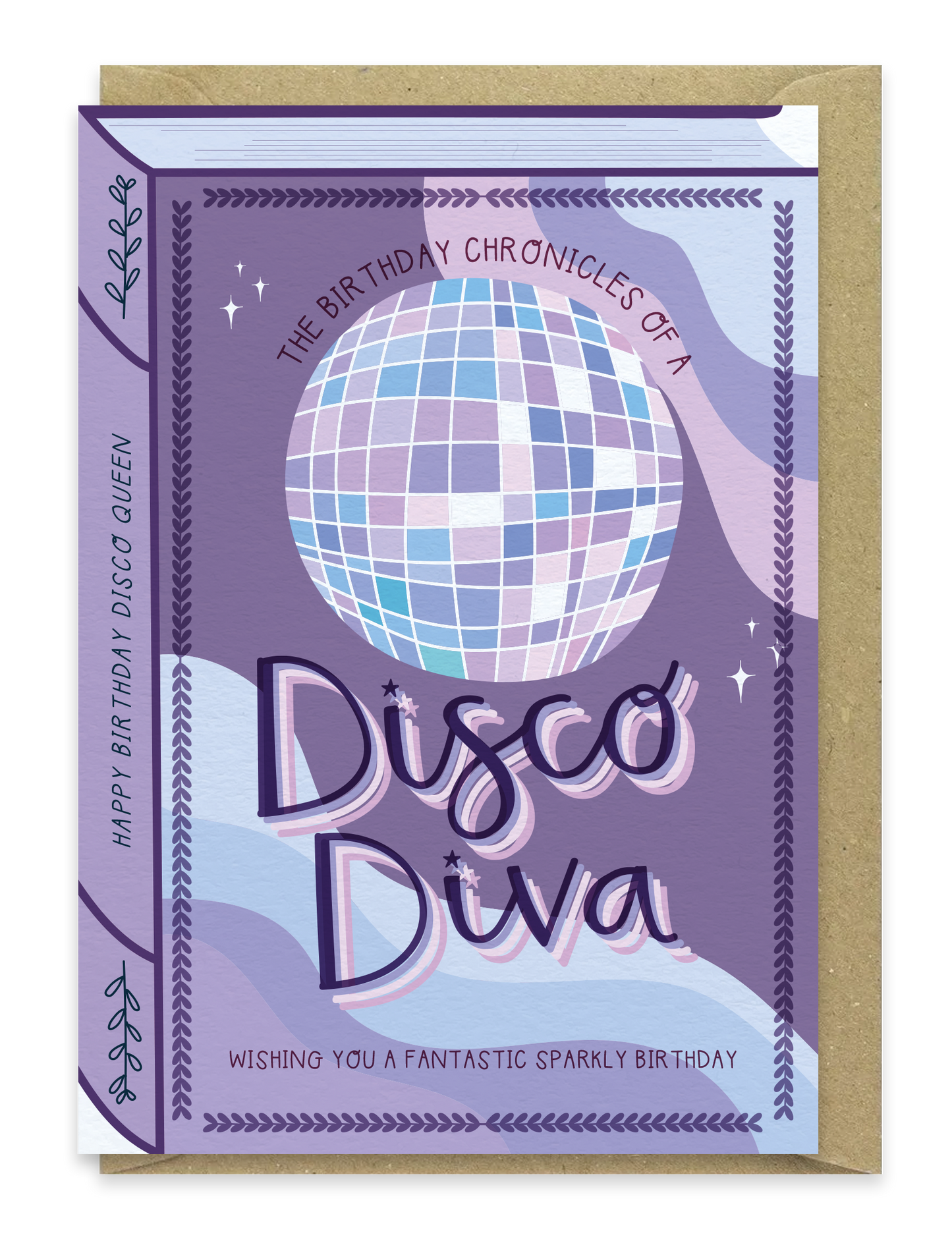 Disco Diva Birthday Card – Book Cover Style with Lilac Disco Ball