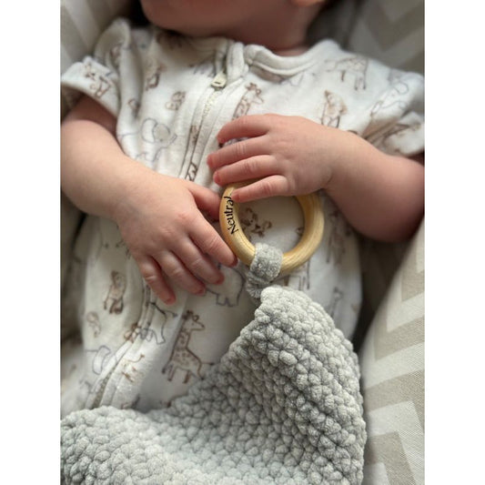 Soft Baby Comforter – Neutral Handmade with Wooden Ring