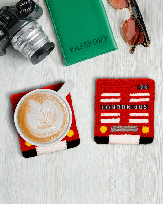 Double Decker Bus Punch Needle Coaster Set of 2