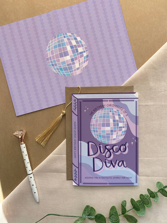 Disco Diva Birthday Card – Book Cover Style with Lilac Disco Ball