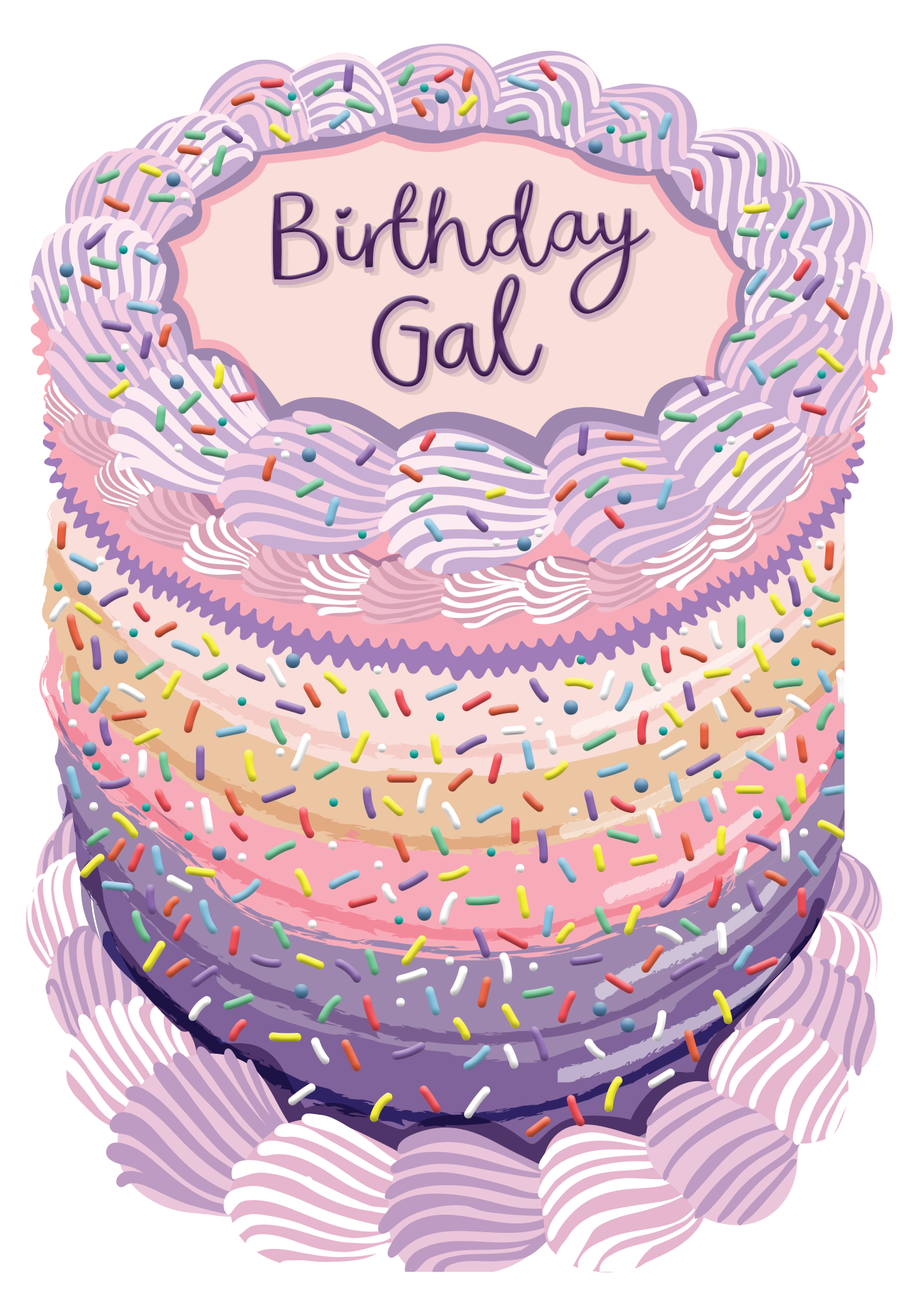 Birthday Gal Cake-Shaped Greeting Card – Pink & Purple Ombre with Sprinkles