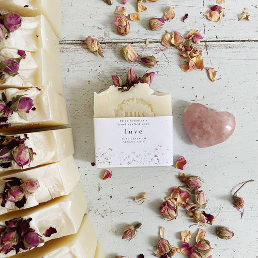 Handmade cold processed: Love - Rose Geranium with Rose buds - Forever After Boutique