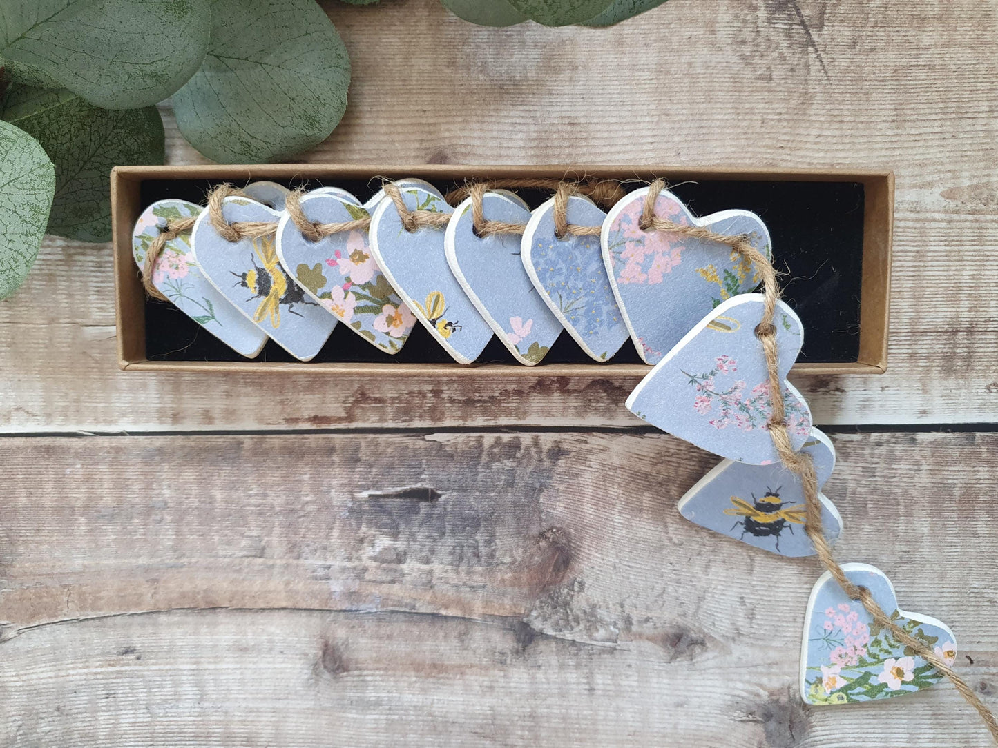 Powder Blue Bees & Flowers Clay Heart Garland, Floral Garland, Home Decor, Baby Blue Girls Bedroom Nursery Decor, Bumble Bee Floral Bunting,