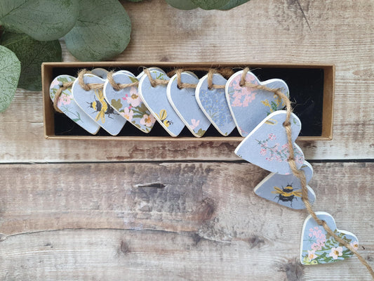 Powder Blue Bees & Flowers Clay Heart Garland, Floral Garland, Home Decor, Baby Blue Girls Bedroom Nursery Decor, Bumble Bee Floral Bunting,