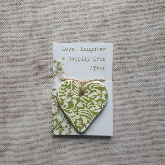 Wedding Pocket Token - Green & Gold Clay Heart - Love, Laughter, Happily Ever After Wedding Gift
