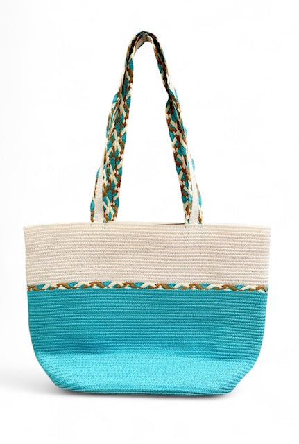 Large Woven Summer Tote Bag | Beach & Holiday Bag with Zip Closure Blue