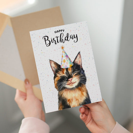 Birthday Card For Him or Her Of A Tortoiseshell Cat Illustration For Him or Her Birthday Gift