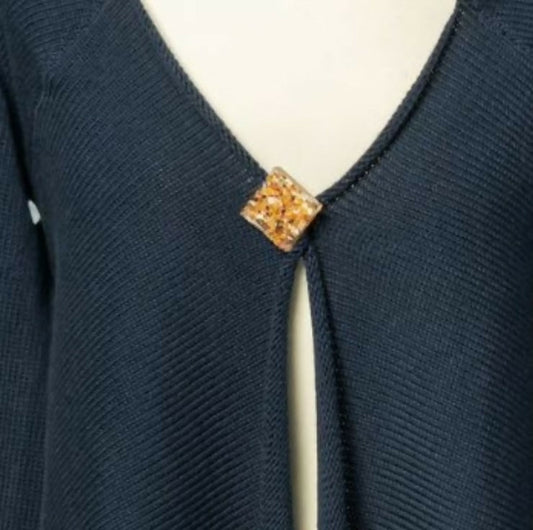 Navy Blue Soft Cotton Bolero cardigan with handcrafted Seashore brooch. - Forever After Boutique