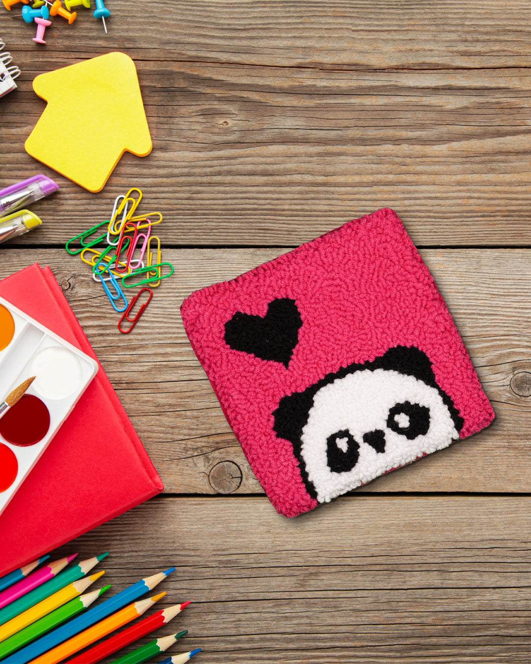 Cute Panda Punch Needle Coaster Pink