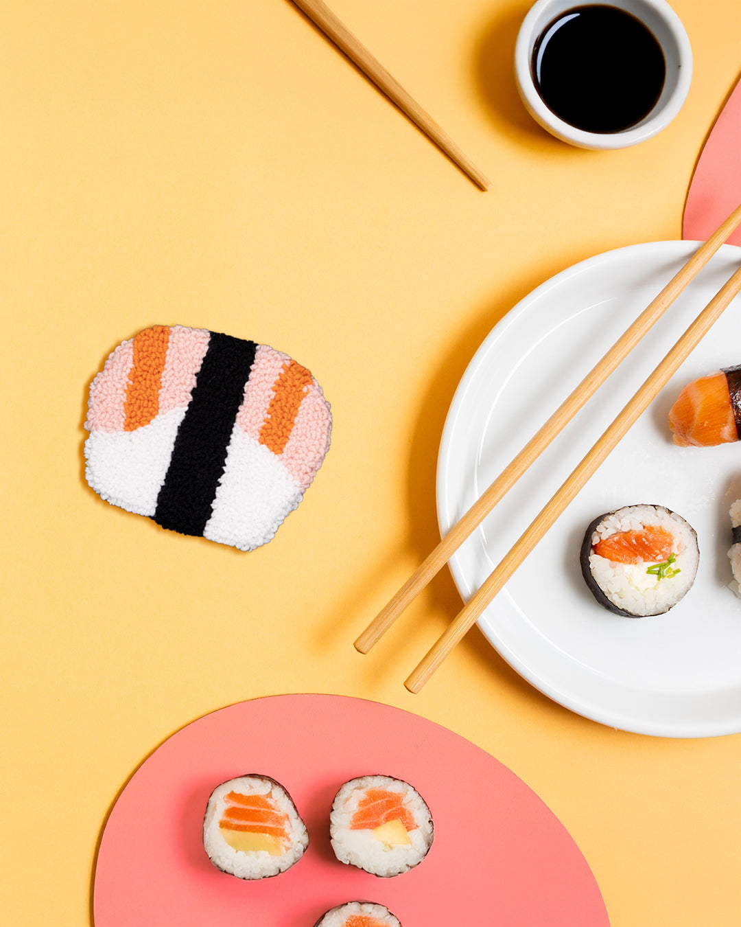 Handmade Sushi Punch Needle Coaster Salmon Suhsi