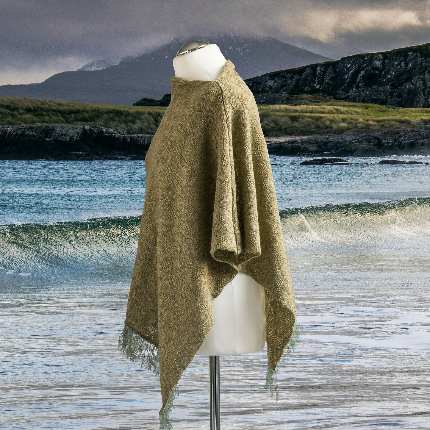 Textured Waves Women's Merino Wool Poncho. Green Melange Poncho. - Forever After Boutique