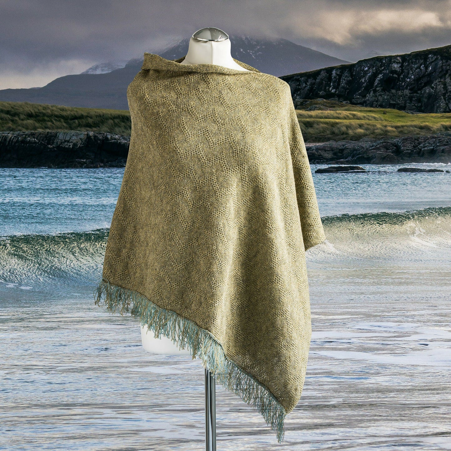 Textured Waves Women's Merino Wool Poncho. Green Melange Poncho. - Forever After Boutique