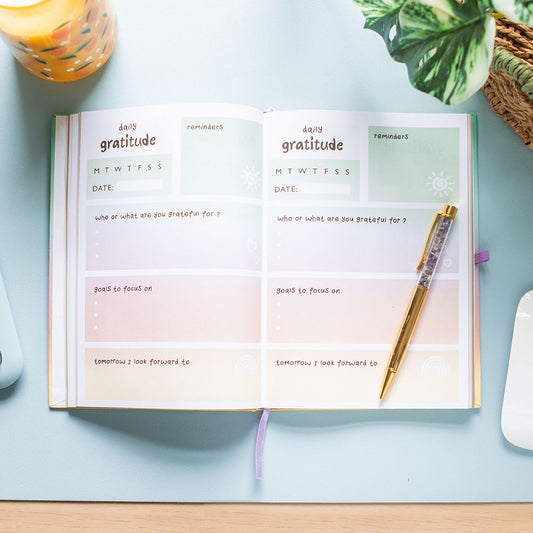 Multicoloured Gratitude Journal with Amethyst Pen – Manifest Magic & Mindfulness