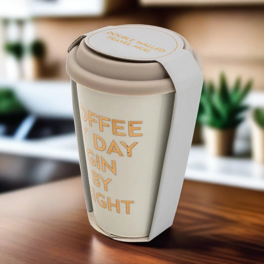 Travel Mug Coffee By Day Gin By Night Light Grey 15cm - Forever After Collective