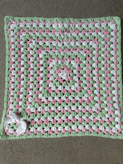 Handmade pink, mint & white baby pram blanket