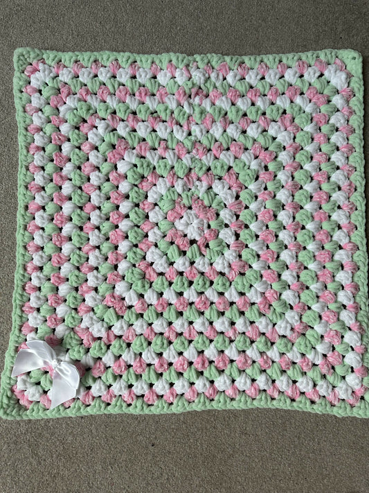 Handmade pink, mint & white baby pram blanket