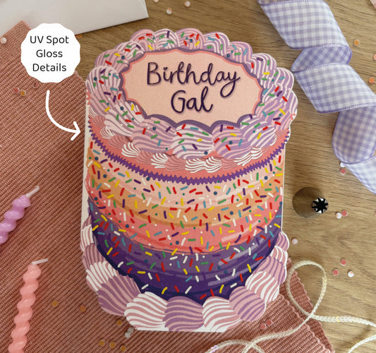 Birthday Gal Cake-Shaped Greeting Card – Pink & Purple Ombre with Sprinkles