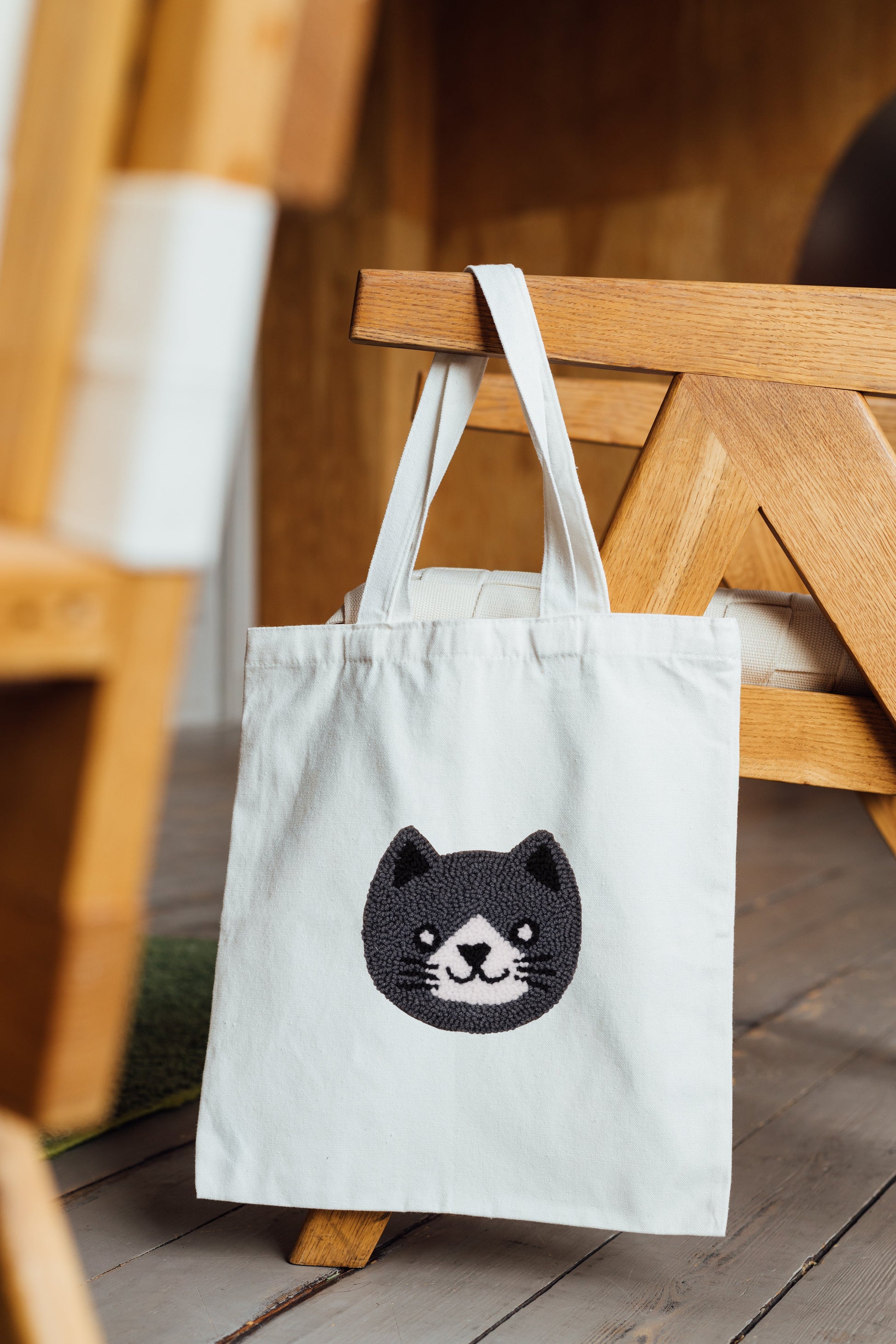 Handmade Dark Grey Cat Tote Bag
