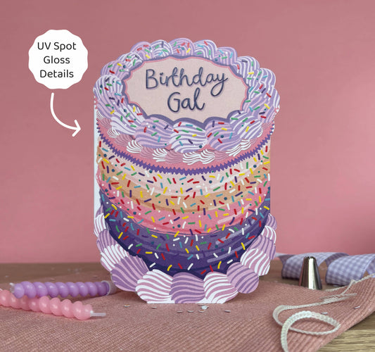 Birthday Gal Cake-Shaped Greeting Card – Pink & Purple Ombre with Sprinkles