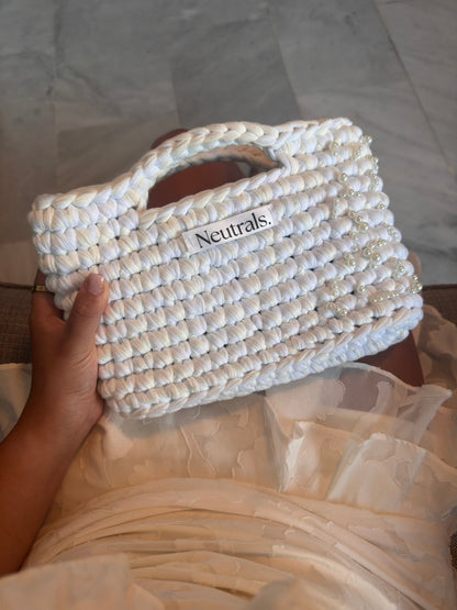 Small Crochet Handbag - Cream & White with pearls