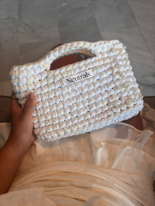 Small Crochet Handbag - Cream & White with pearls