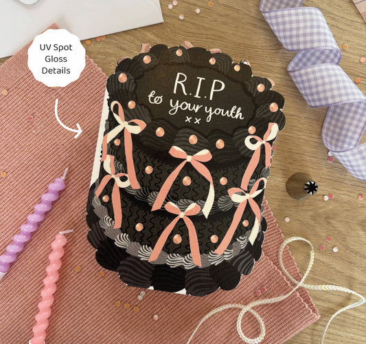 RIP to Your Youth Birthday Card – Funny Cake-Shaped Greeting Card | Gloss Finish