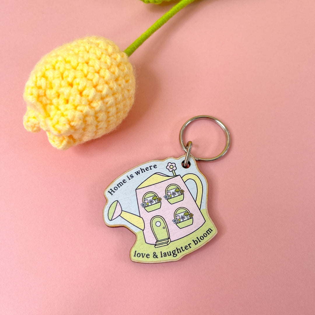 Home is Where Love & Laughter Bloom Wooden Keyring