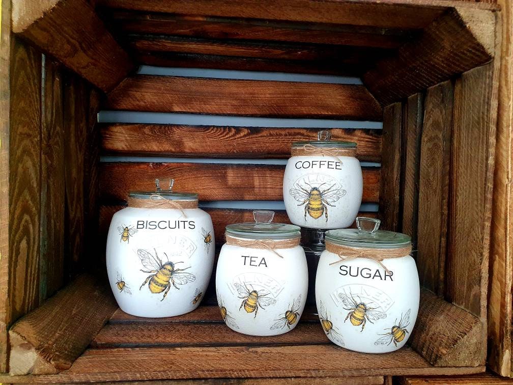 Bee Tea, coffee and sugar canisters | kilner jars | Tea | Coffee | Sugar | Storage Jars | kitchen set