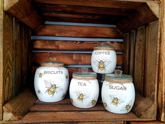 Bee Tea, coffee and sugar canisters | kilner jars | Tea | Coffee | Sugar | Storage Jars | kitchen set