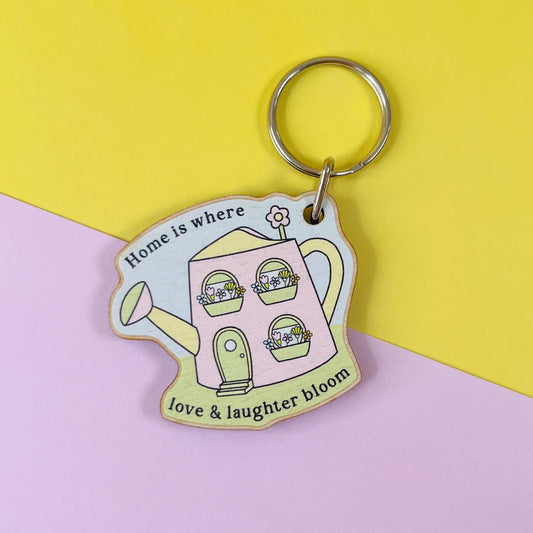 Home is Where Love & Laughter Bloom Wooden Keyring
