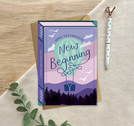 New Beginnings Book Cover Greeting Card – Hot Air Balloon Design