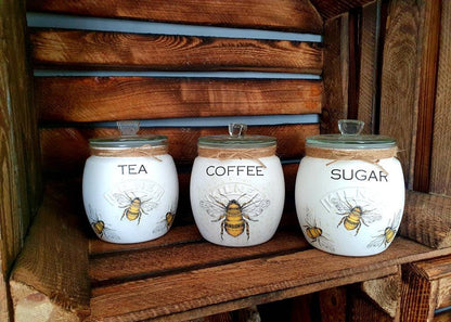 Bee Tea, coffee and sugar canisters | kilner jars | Tea | Coffee | Sugar | Storage Jars | kitchen set